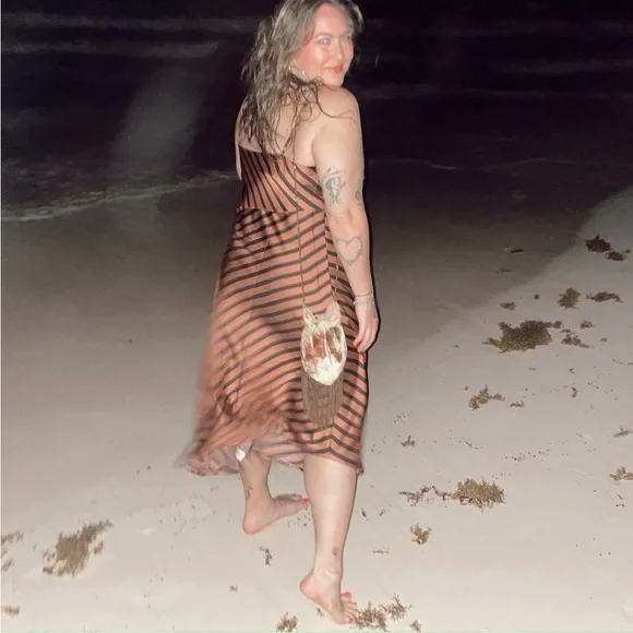 A New Day asymmetrical satin dress in pinkish orange with black stripes - Picture 2 of 6